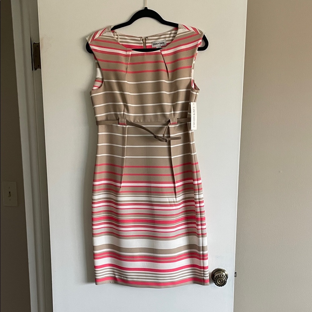 Source Unknown Pink and Tan Striped Midi Dress